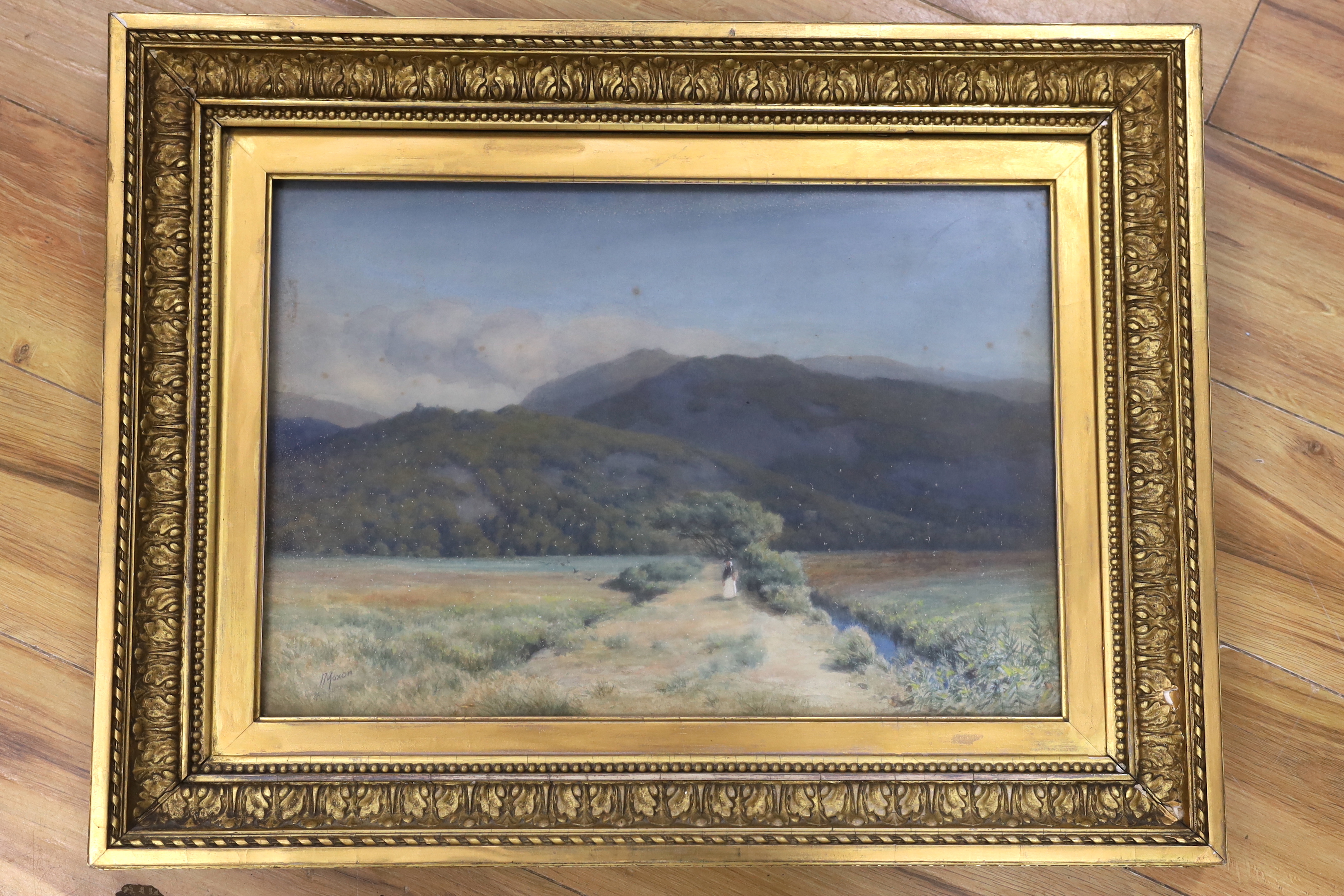 Herbert Moxon Cook (1844-1928), watercolour, Mountainous landscape with figure, signed, 34 x 50cm, ornate gilt framed